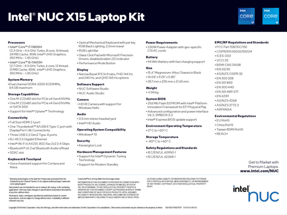 Характеристики ноутбук Intel NUC X15